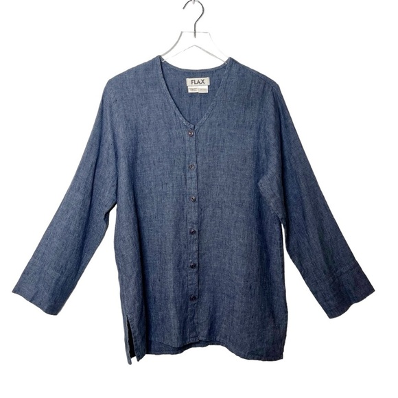Flax Tops - FLAX Linen Navy Button Front Women’s Tunic Lagenlook Oversized Top Sz S